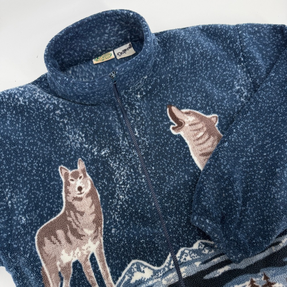 Vintage Collections Etc Wolf Fleece Jacket Blue Nature Howling Moon Zip Up XL